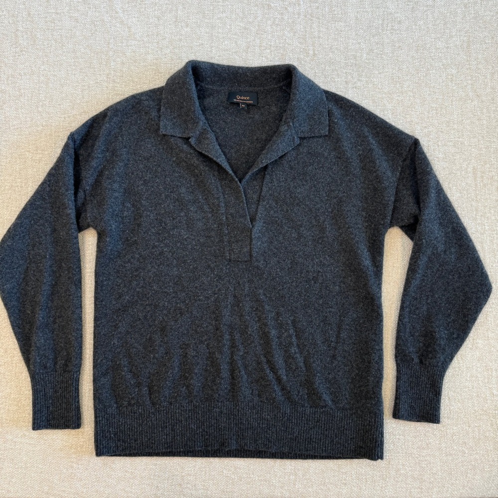 Quince Mongolian Cashmere Polo Sweater Charcoal Grey V-Neck Womens Medium - Picture 4 of 9